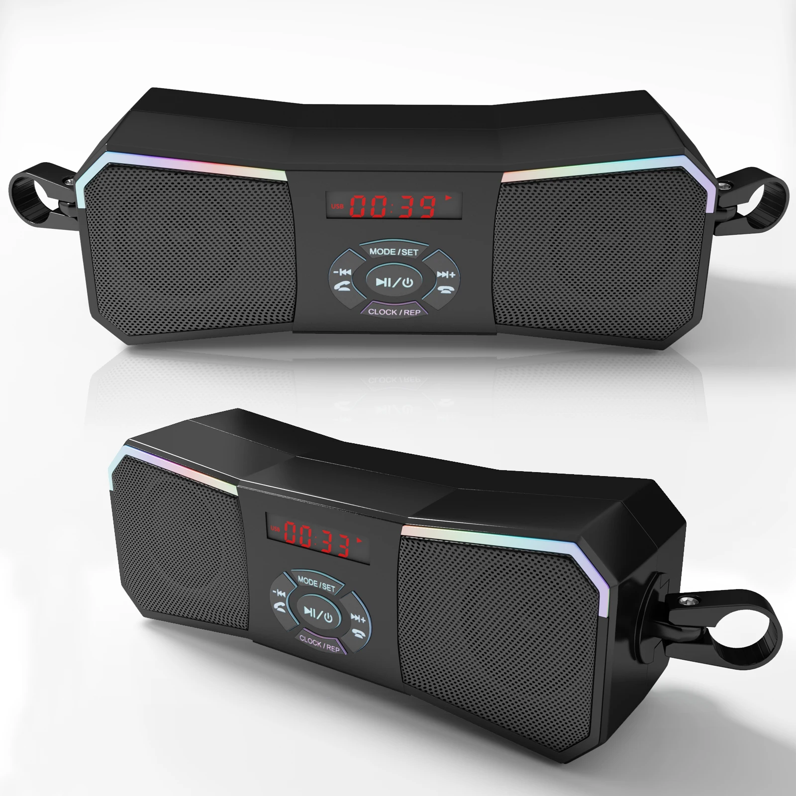 طقم صوت مثبت على مقود الدراجة النارية - مكبرات صوت ستيريو لاسلكية، مشغل MP3 12 فولت، USB/AUX وراديو FM للراكبين
