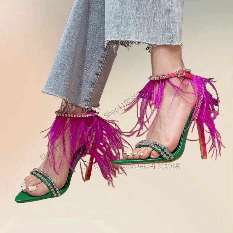 

Rose Red Feather Crystal Decor Open Toe Sandals Ankle Buckle Strap Women Shoes Thin High Heels Fashion 2023 Zapatos Para Mujere