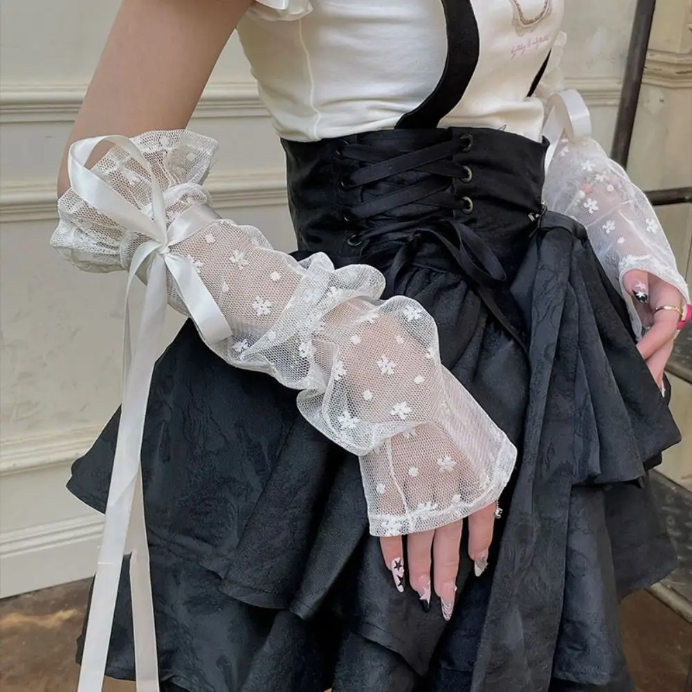 

Sun Protection Ribbon Driving Gloves Bow Balletcore Lolita Ice Silk Sleeves Sunscreen Sleeve Lace Arm Warmers Long Sleeve Glove