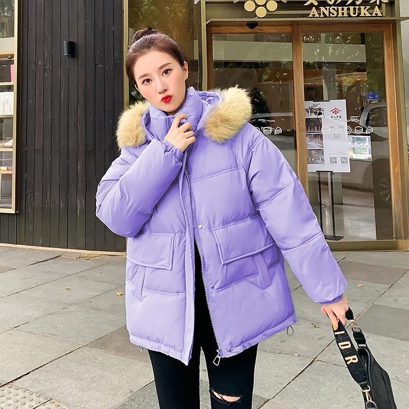 

CRRIFLZ Autumn Winter Women's Real Fur Collar Hooded Jackets Solid Big Pocket Button Chic Parkas Ladies Zipper Short Cotton Coat