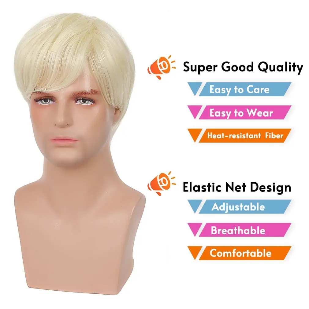 Peluca rubia corta para hombre, peluca de repuesto de pelo sintético Rubio Natural para hombres, peluca rubia corta para Cosplay, fiesta de disfraces de Halloween
