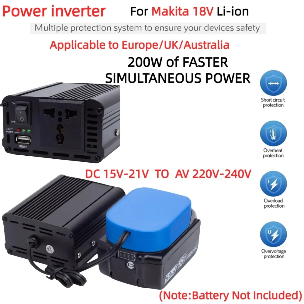 

200W Portable Power Inverter Outlet Adapter for Makita 18/20V Lithium Ion ,DC 18V/20V To AC 220V Powered with USB 5V2.4A