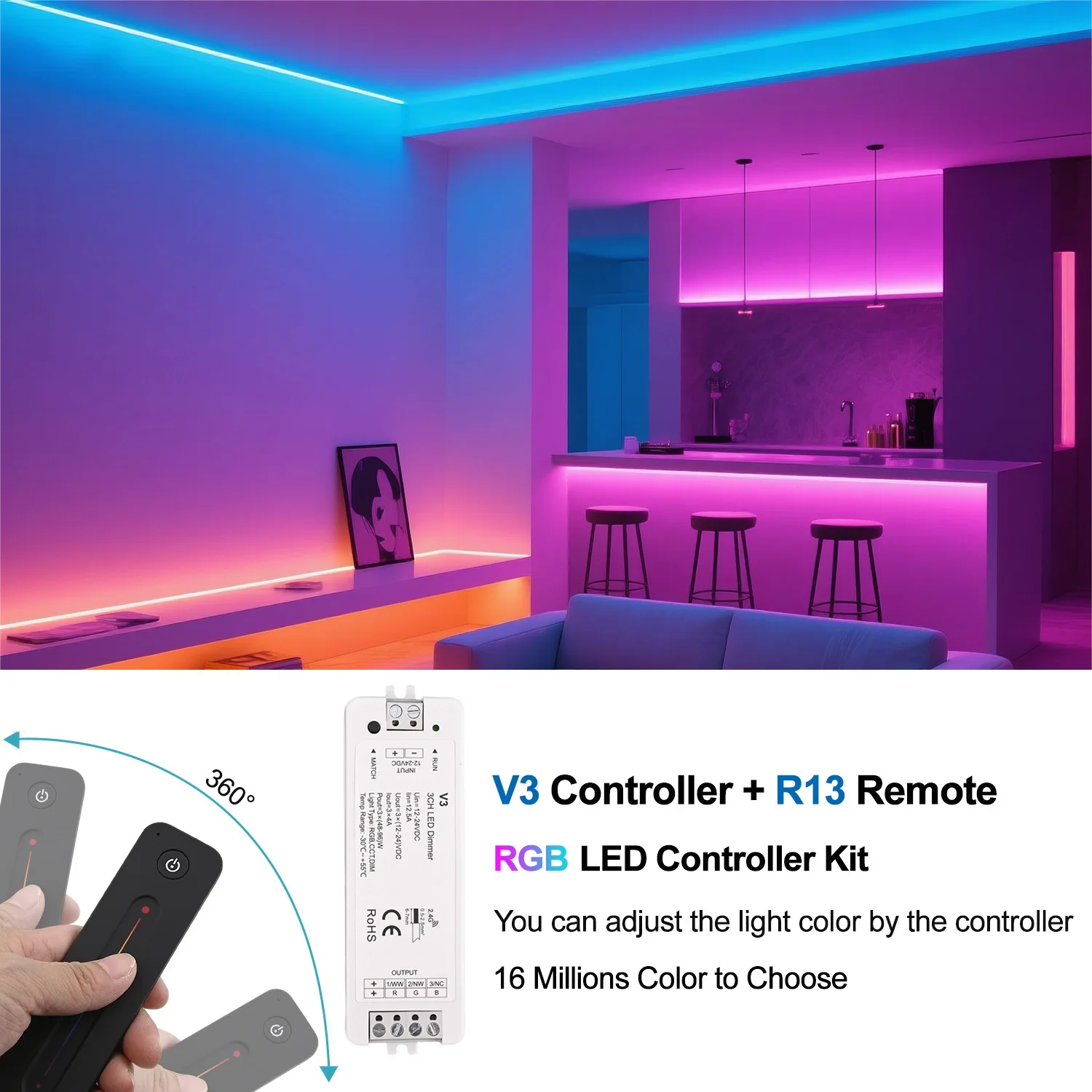 Controlador LED V1, control remoto RF R11, regulador LED inalámbrico V2, R12, V3 y R13 para tiras de luces LED RGB CCT DIM, iluminación LED COB 2835 5050