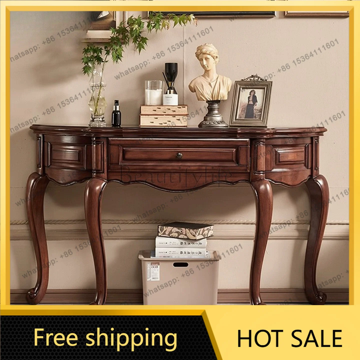 FG American all-solid wood entrance table European entrance cabinet against the wall
