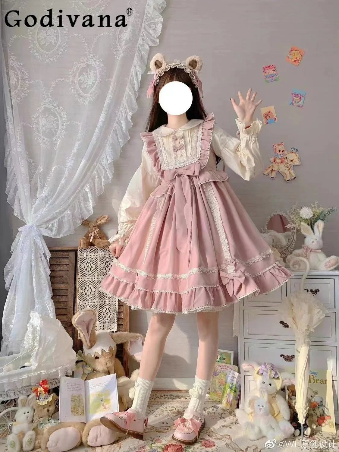 Daily Bowknot Dress Lolita Winter Sweet Cute Dress Fake Two-piece Party Pink Skirt Clothing Chic Kawaii Dresses