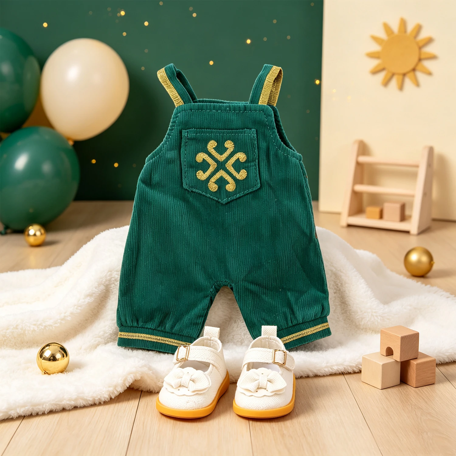 Vintage Style Doll Outfit Green Corduroy Bib Overall + Golden Embroidery + Bow Decor Buckle Shoes For 14 Inch American Dolls Toy
