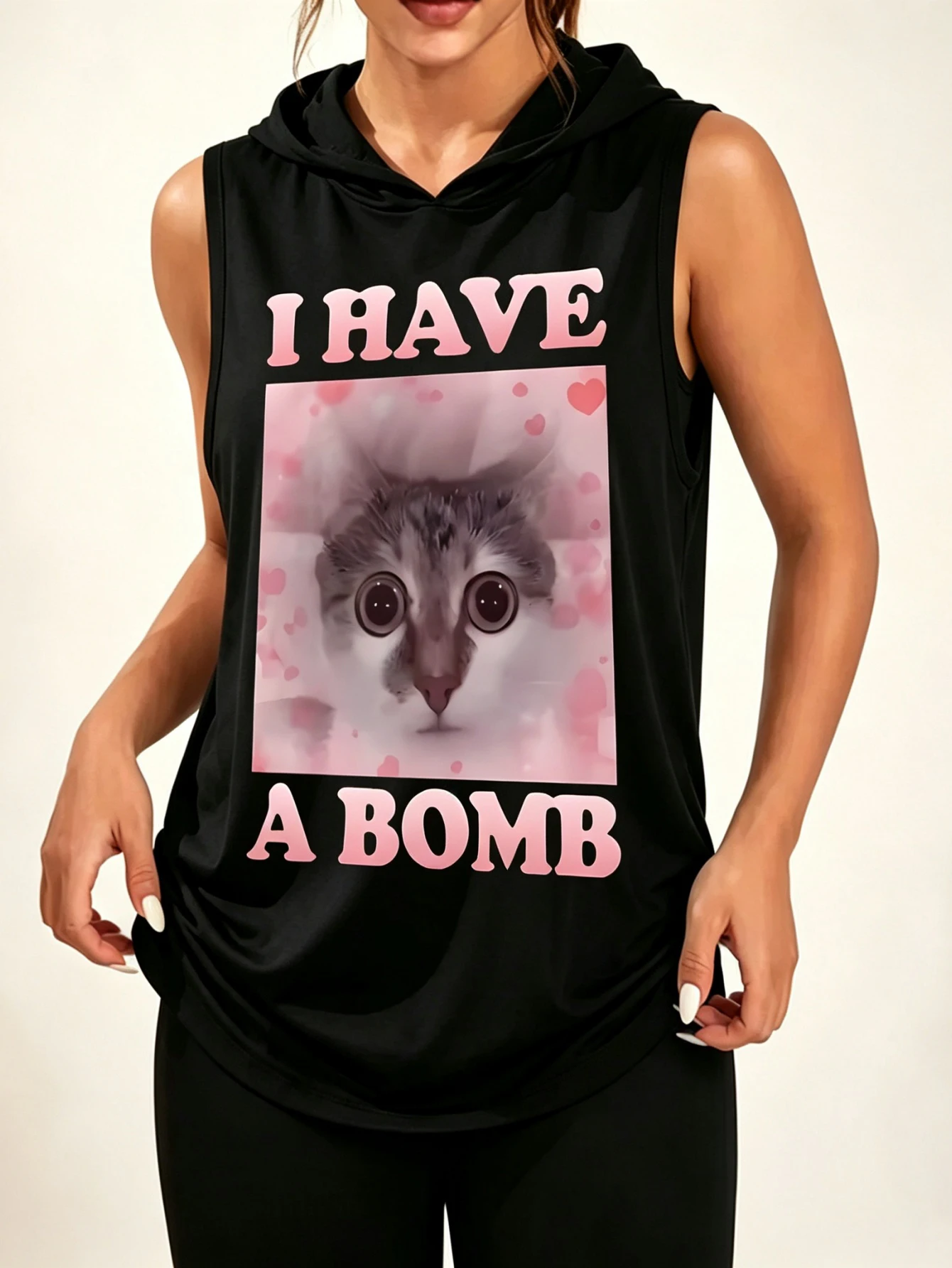 I Have A Bomb Cute Big Eyes Cat Graphic Sleeveless Hooded Tank Top Unisex Funny Meme Kitten Pink Heart Print Hood Vest Y2K Casual Streetwear Sleeveless Hood Tank For Men Women