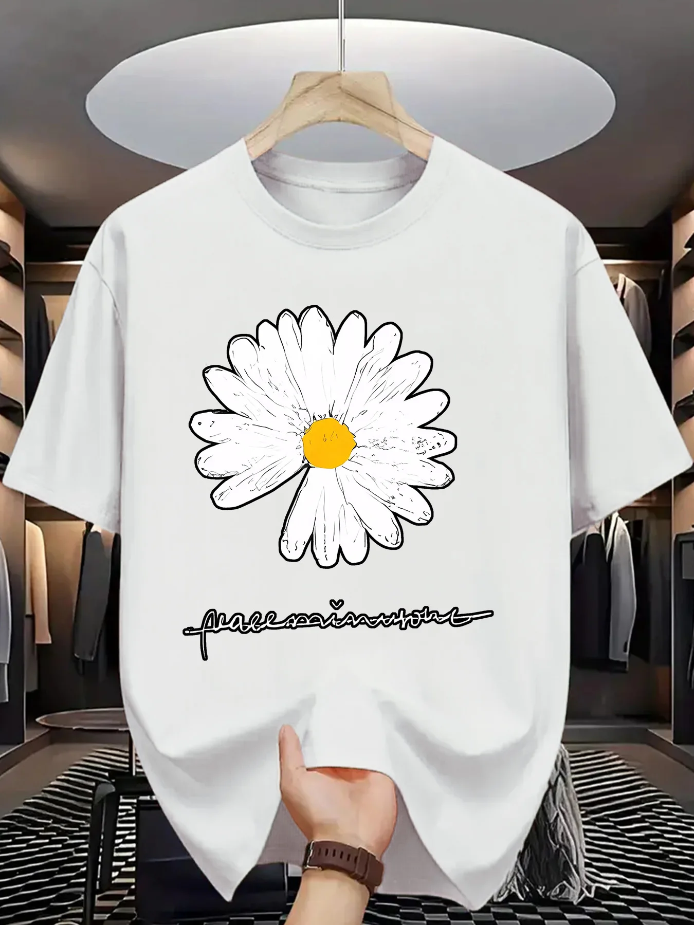

1pc Summer Fashion Daisy Print T-Shirt for Men Casual Crew Neck Short Sleeve Tee 100 Polyester Knit Fabric with SlightStretch