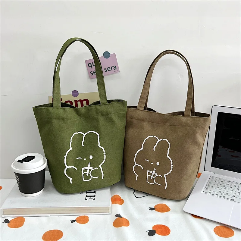 Custom  New Canvas Bag Cute Women's Handbag Printed Embroidered Students Lunch Box Bags Lunch Box Bento Embroidered Bucket Bag