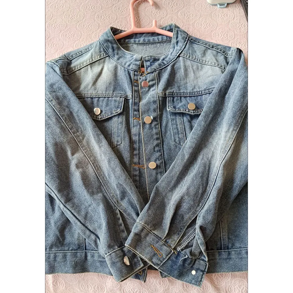 

Spring Autumn Female Long Sleeves Denim Jacket Retro New Ladies Stand Collar Jeans Outwear Women Fashion Short Cowboy Tops Coat