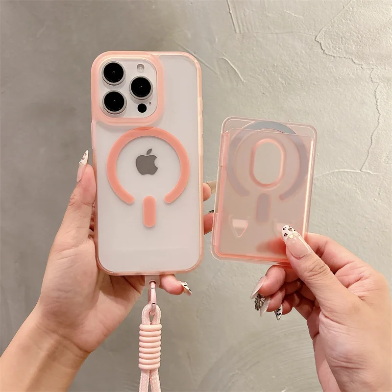 

Candy Clear Slot Card Magnetic Wallet Case For iPhone 11 12 13 14 15 16 Pro Max Plus With Lanyard For Magsafe Shockproof Cover
