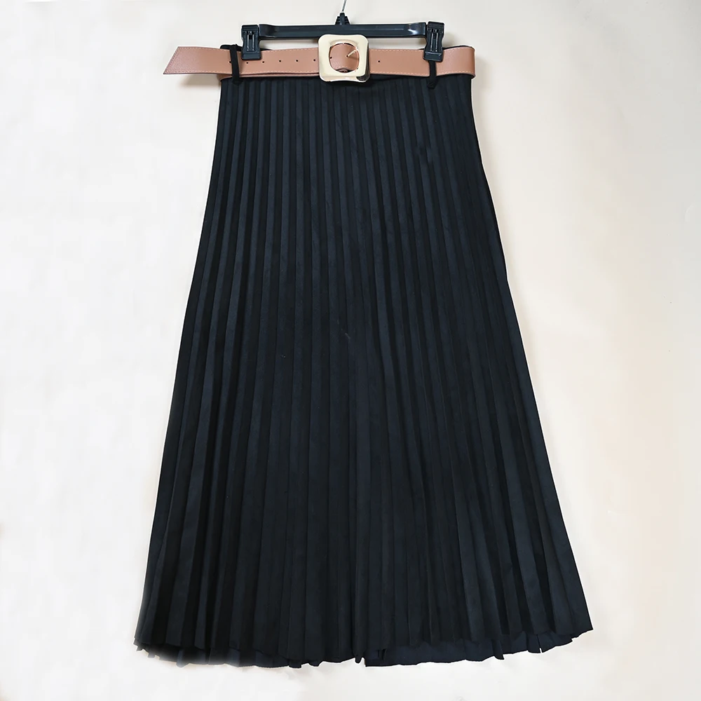 تنورة مخملية بطيات على شكل حرف A للنساء مع حزام كبير متأرجح بطول f، تنانير أوروبية عالية الخصر للارتداء اليومي