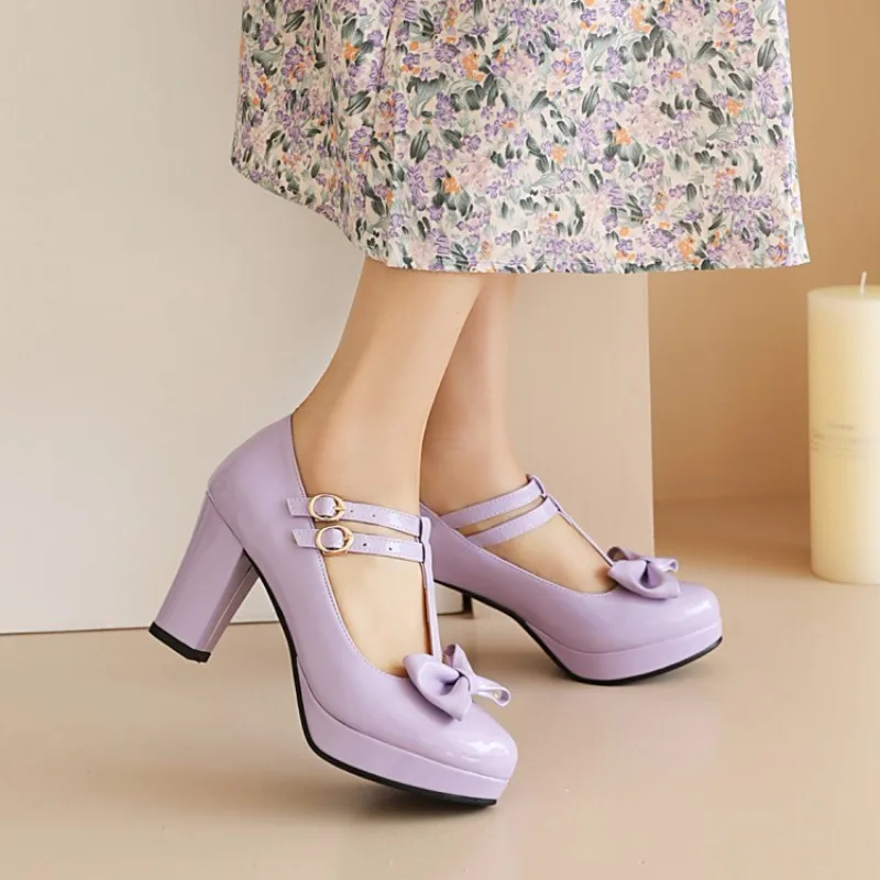 2026 Spring and Autumn New Fashionable Round Head High Heels Women's Shoes Sweet Bow Design with Buckle Thick Bottom Party Shoes