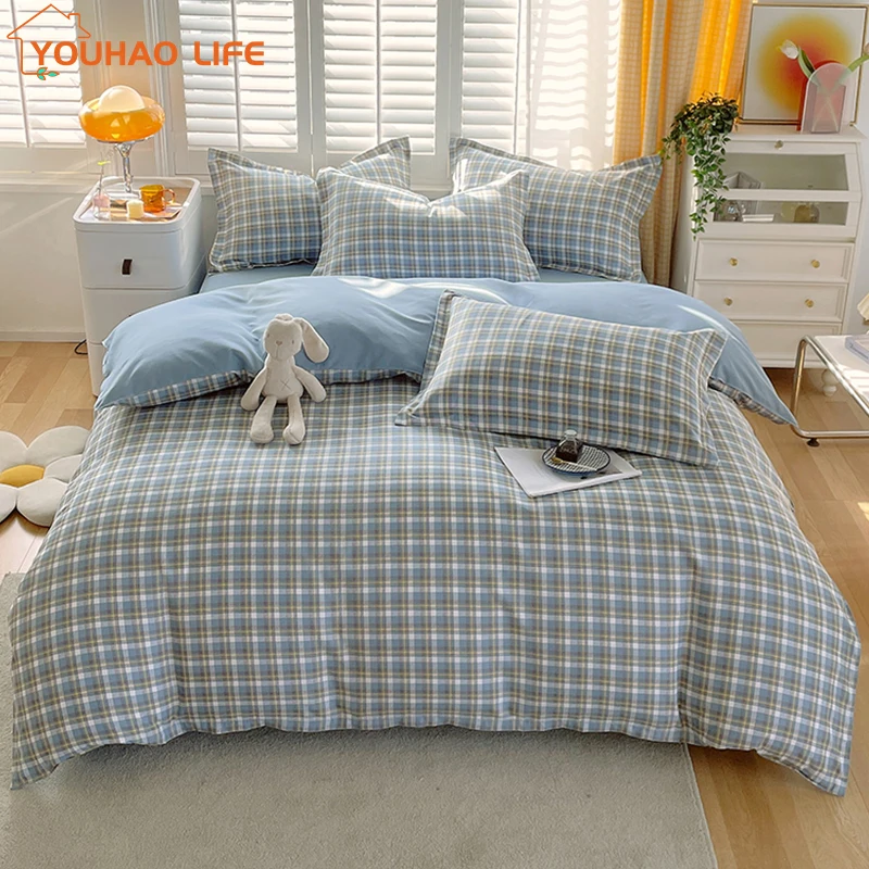 Blue Plaid Bedding Set, Bed Sheets Set,1 Duvet Cover, 1 Flat Sheet, 2 Pillowcases,Shrinkage and Fade Resistant,Easy Care, 4Pcs