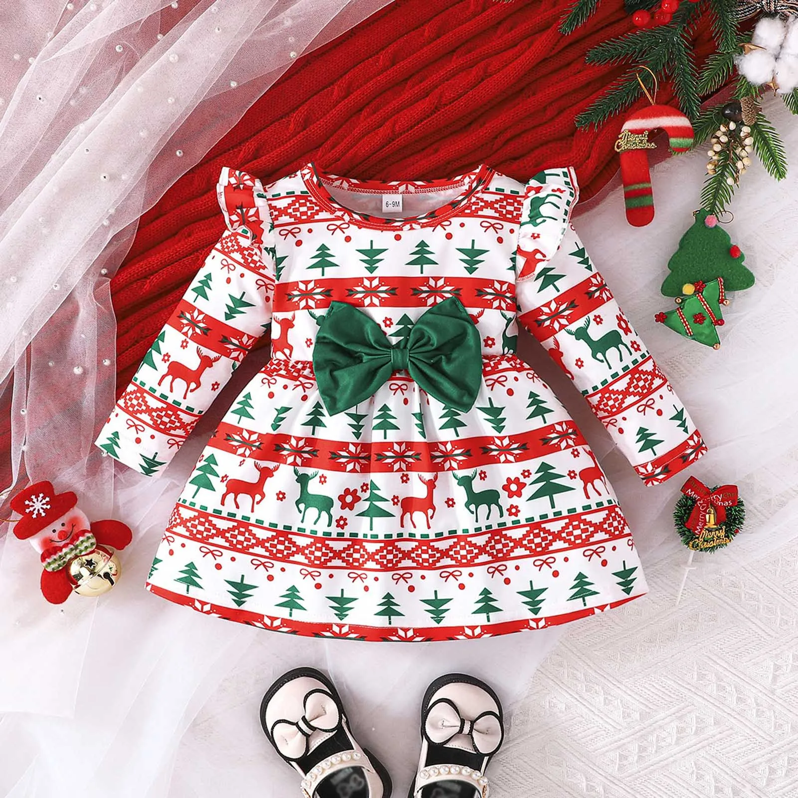 0-4 Years Toddler Girls Christmas Dresses Autumn Winter Long Sleeve Prints Bowknot Dresses Clothes Infant Baby Girls Party Dress