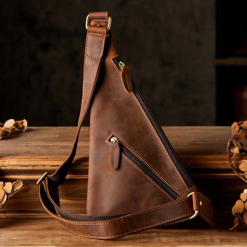 High Quality Genuine Leather Triangle Chest Bag Daily Outdoor Cross body Sling Bag Vintage Cowhide Leather Shoulder Bag For Men