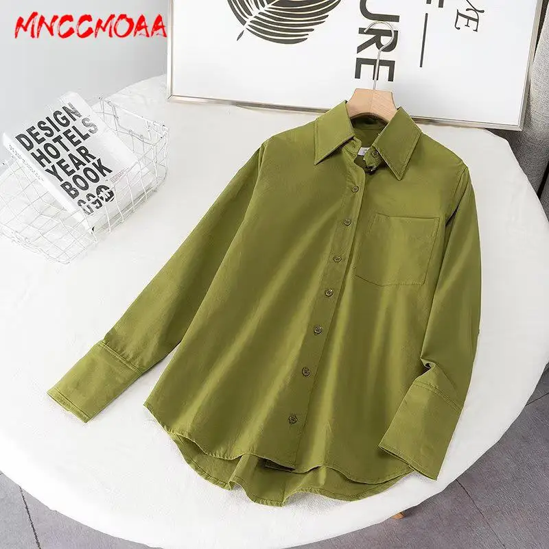 MNCCMOAA 2024 High Quality Spring Summer Women Fashion Vintage Green Shirt Female Casual Loose Long Sleeve Pocket Blouse Tops