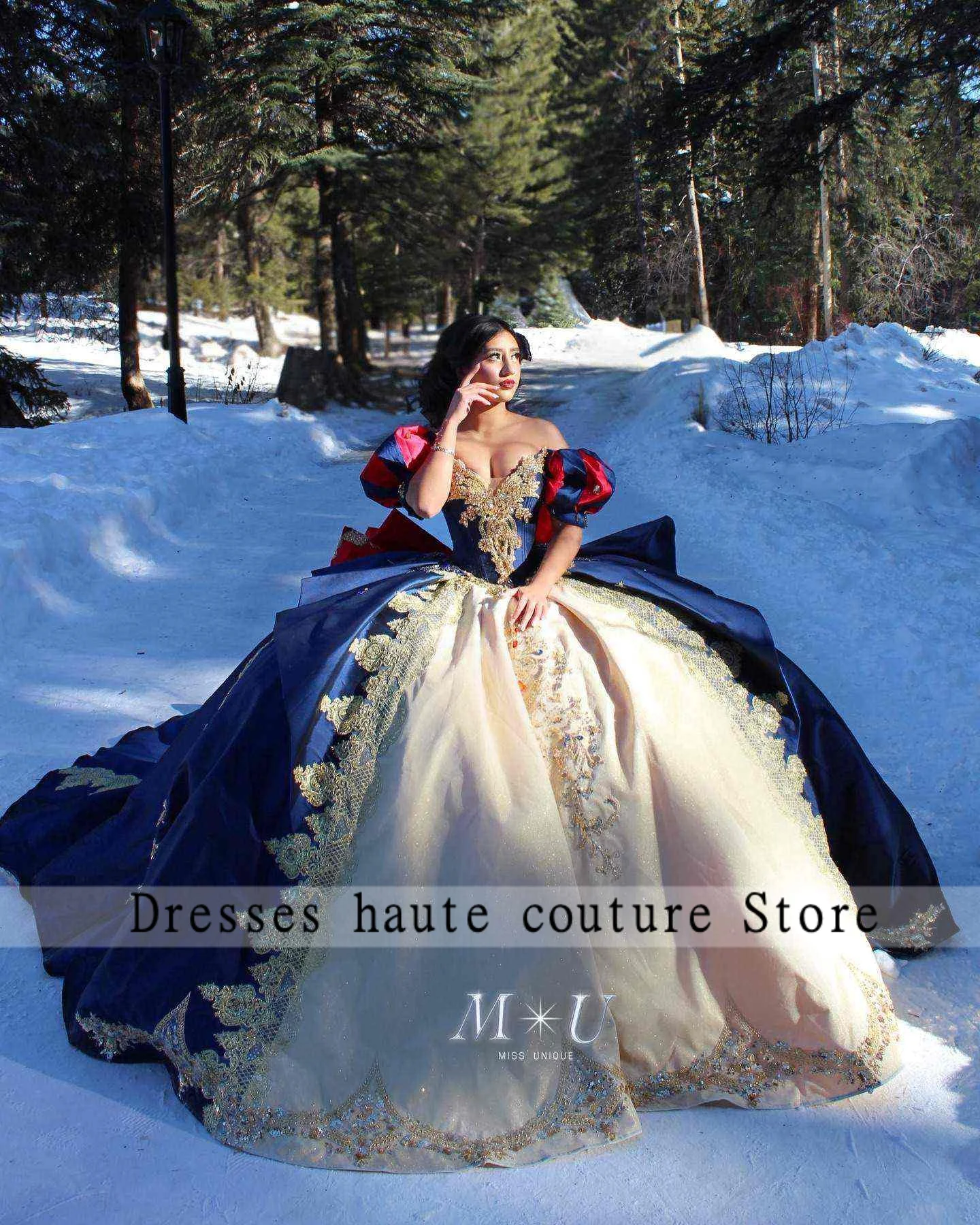 

New Snow Princess Blue And Champagne Lace Applique Quinceanera Dress Ball Gown Mexica Sweet 15 16 Dress Wedding Gown Customized