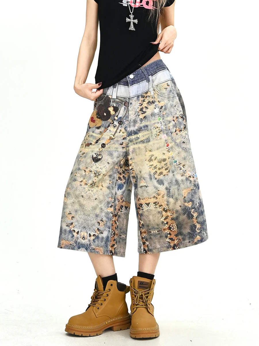 

Summer New Loose Leopard Print Denim Seven-Foot Pants Women's Fashion Street Style Retro Wide Leg Pants Casual Natural Waist