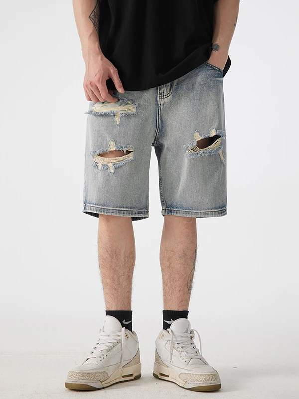 

Retro American Waed Men's Denim orts Large Hole Casual Loose Straight Leg Jeans mid Waist Five-Point Pants Summer Wear