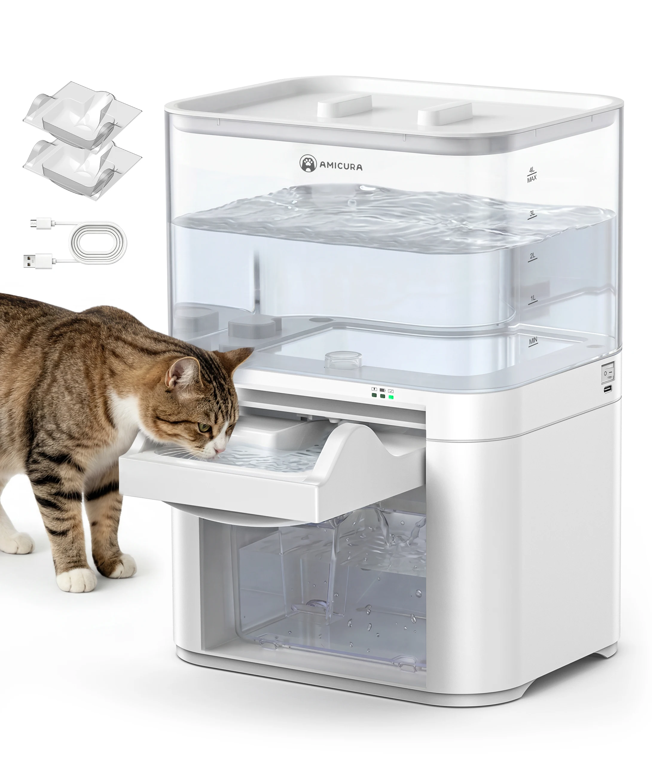 Dispensador de Agua Inteligente para Mascotas Amicura A10 4L, Bebedero Automático Inalámbrico para Perros y Gatos, Fuente de Agua Silenciosa