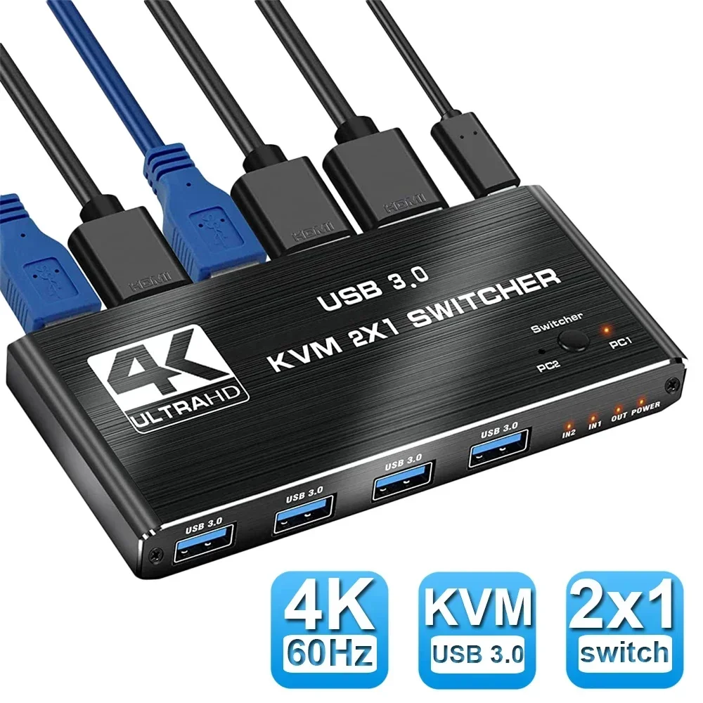 4K60Hz HDMI Switch KVM 2 in 1 out USB 3.0 HDMI KVM 2X1 Switcher 2 pc 1 monitor for 2 computers Keyboard Mouse Share Selector