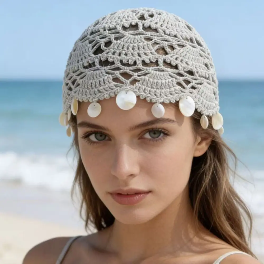Sweet Elegant Hollowed Out Knitted Hat Solid Color Ethnic Style Shell Tassels Hat Korean Thin Crochet Weave Cap Outdoor