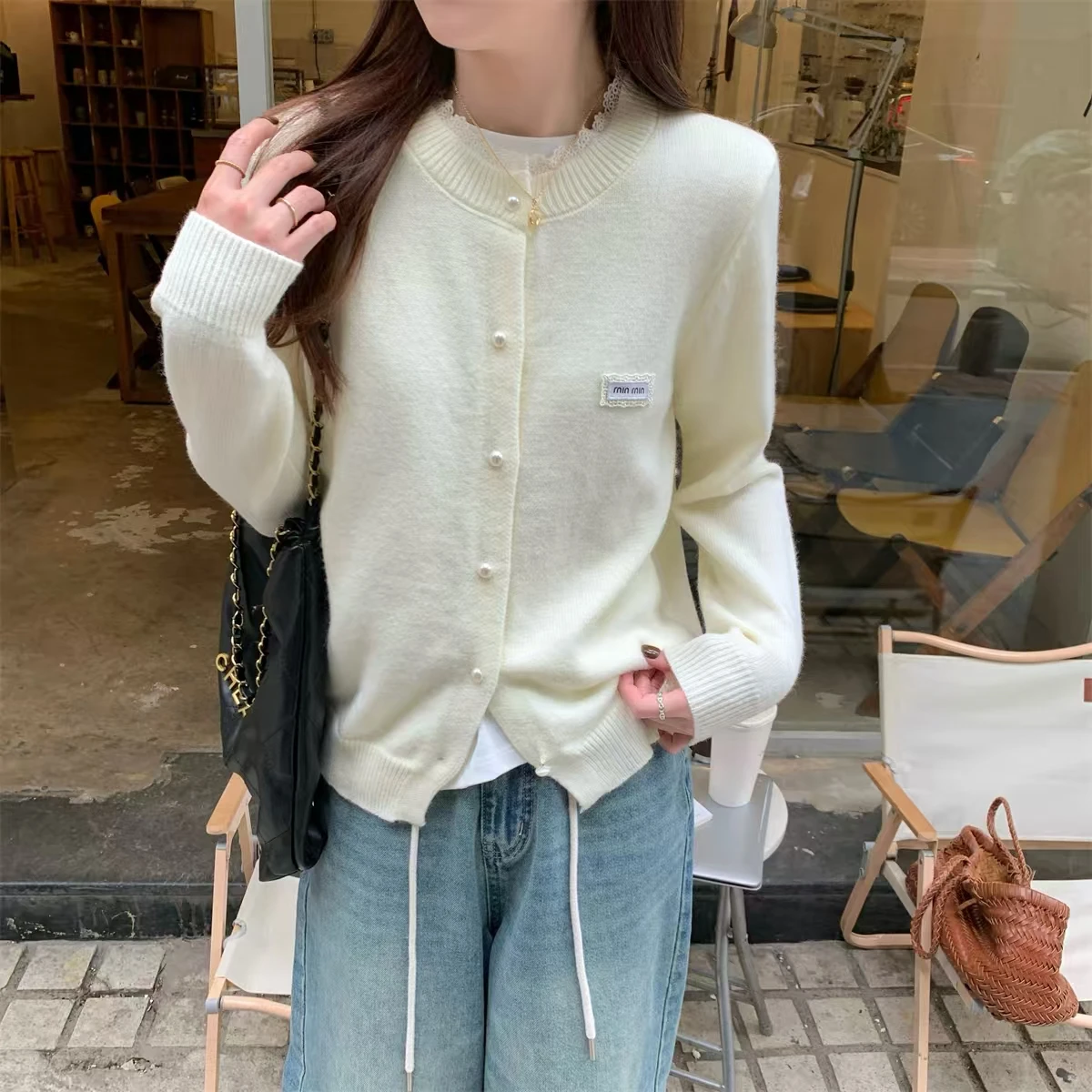 Lace Round Neck Knitted Cardigan Women Loose Casual Solid Color Jacket Coat Top