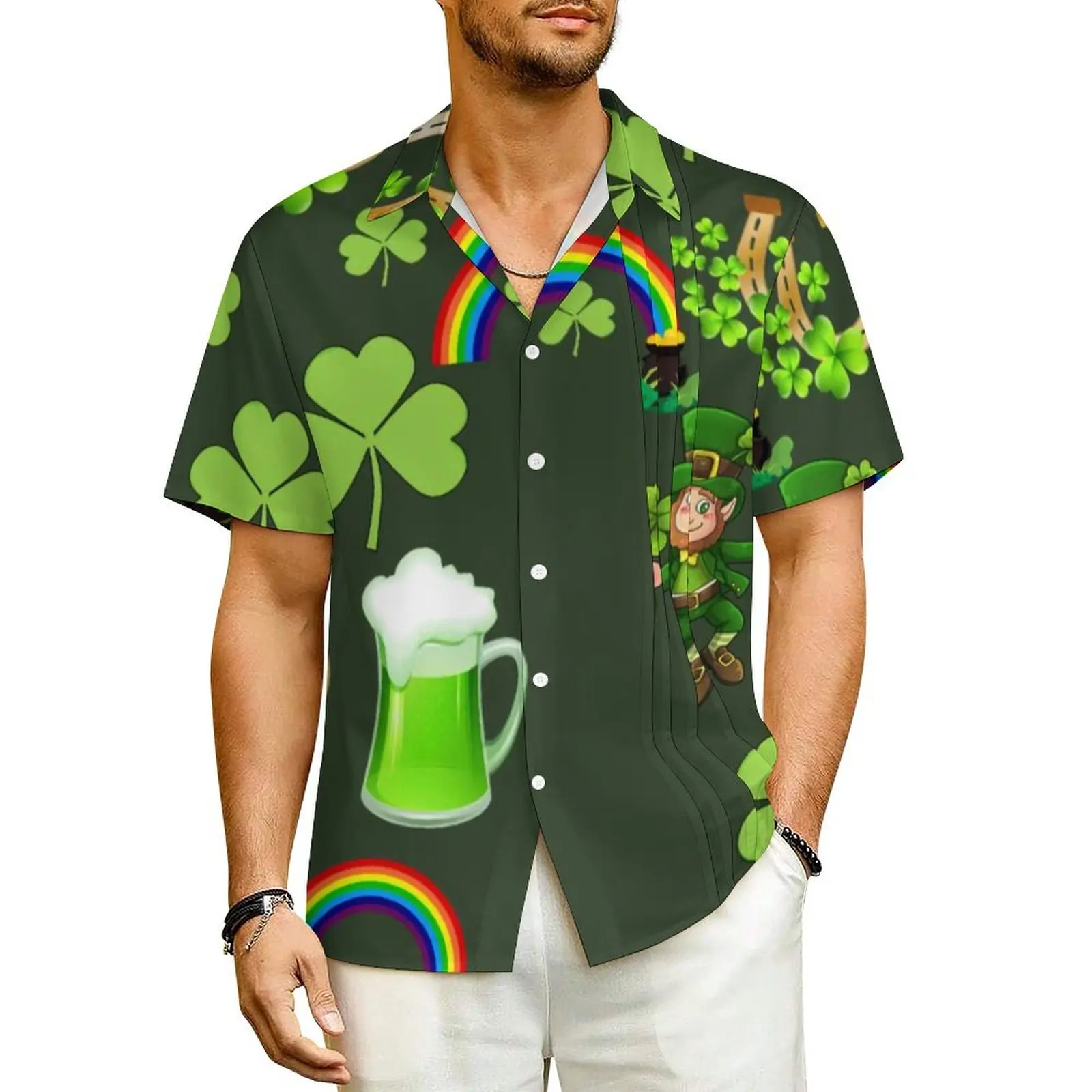 

Summer Shirt Vacation St Patrick's Day Blouses Happy Leprechauns Beer Rainbow Novelty Casual Shirts Short Sleeve Streetwear Top