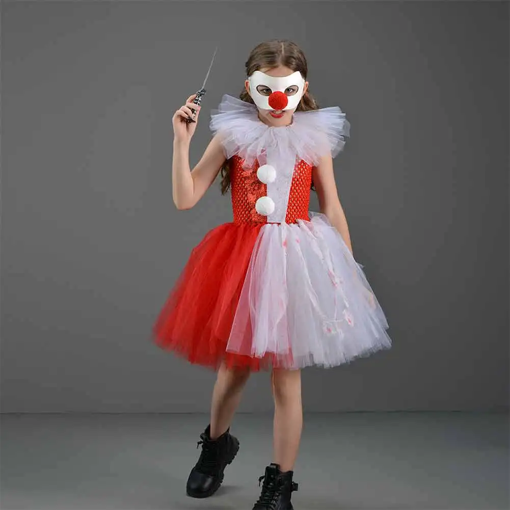 Disguise Horror Scary Clown Cosplay Child Girl Tutu Skirt Dress Stage Fantasia Costume Kids Roleplay Role Play Fancy Party Cloth