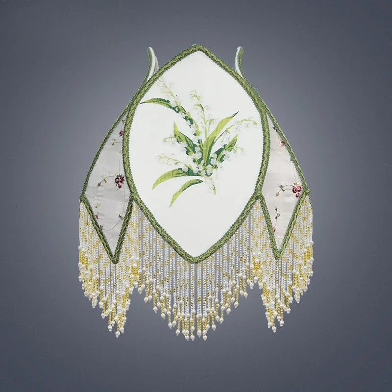 Green Lily of the Valley French Pastoral Star Moon Myth Pearl Suspender Vintage Brass Plated Table Lamp Shade