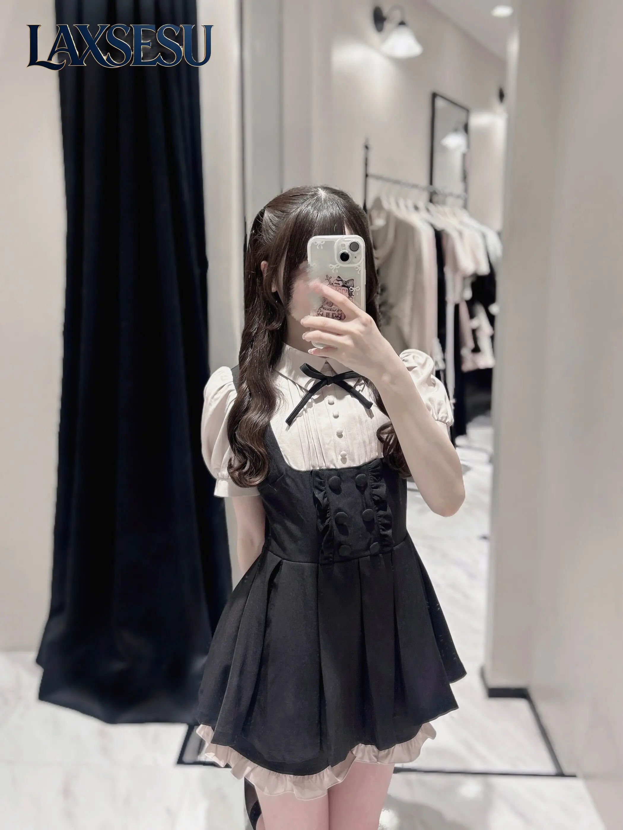 Japanese Style Two Piece Sets Womens Color Blocked Bubble Short Sleeve Dress Set Women's Summer Sweet Bow Dresses Outfits