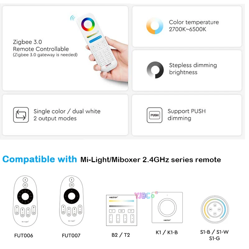 Miboxer Zigbee 3.0 2 in 1 CCT 2 Wires COB led Strips Light dimmer Tuya 2.4G Single color Dual white LED Strip Controller 12V 24V