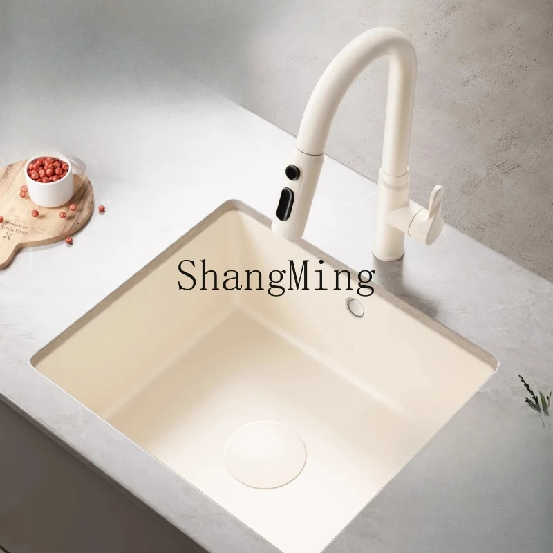SMCream Style Quartz Stone Sink Single Bowl Kitchen Sink Bar Counter Balcony Small Embedded Undermount Sink Small Size