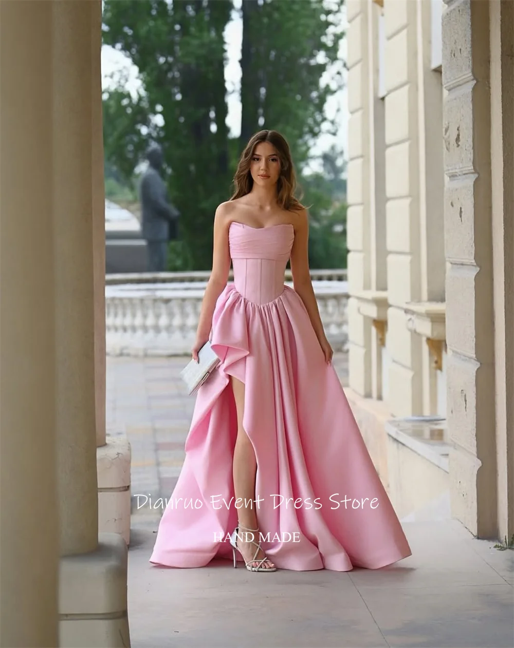 Dianruo Elegant สีชมพูชุดราตรีสาย High Slit ชุดราตรีซาตินชุดราตรีสําหรับงานแต่งงานที่กําหนดเอง