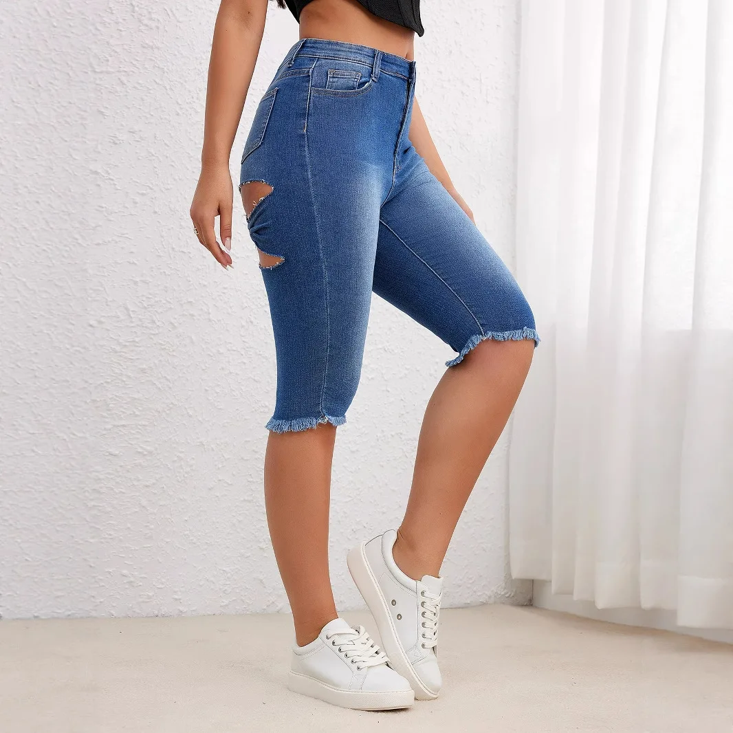 Jeans donna denim lunghezza al ginocchio sexy scava fuori effetto lavato skinny pantaloni dritti elasticizzati a vita media 2025 streetwear estivo