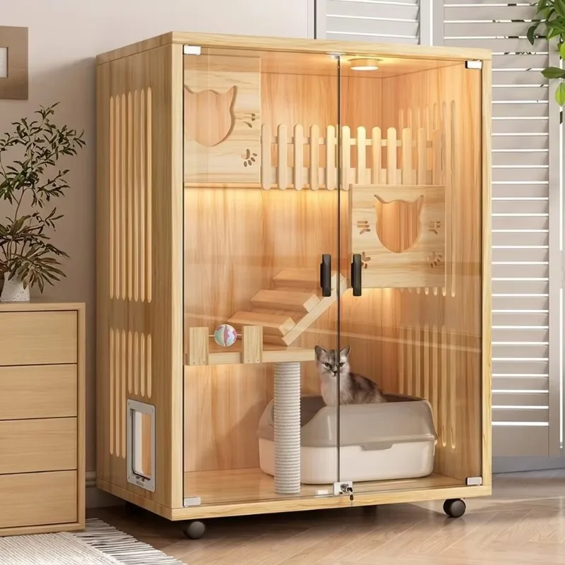 Luxury Large Solid Wood Pet House Modern Cat Cabinet with Panoramic Display and Button Closure Multifunctional Cat Villa