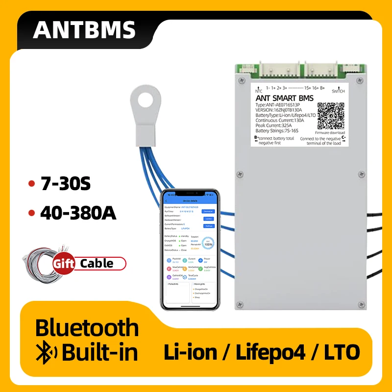 

ANTBMS 7S to 16S 8S to 20S 22S 30S Smart BMS For Li-Ion LiFePo4 LTO 40A 80A 180A 325A 600A 950A Bluetooth Built-in Balance Board