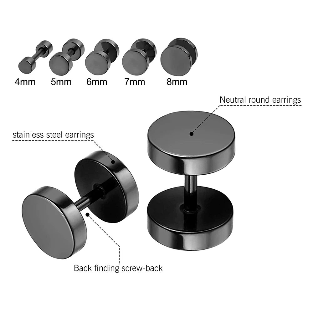 5Pcs 4-10mm Surgical Steel Stud Earrings Unisex Faux Fake Gauge Plugs Earrings Black Silver Color Cartilage Targus Helix Jewelry