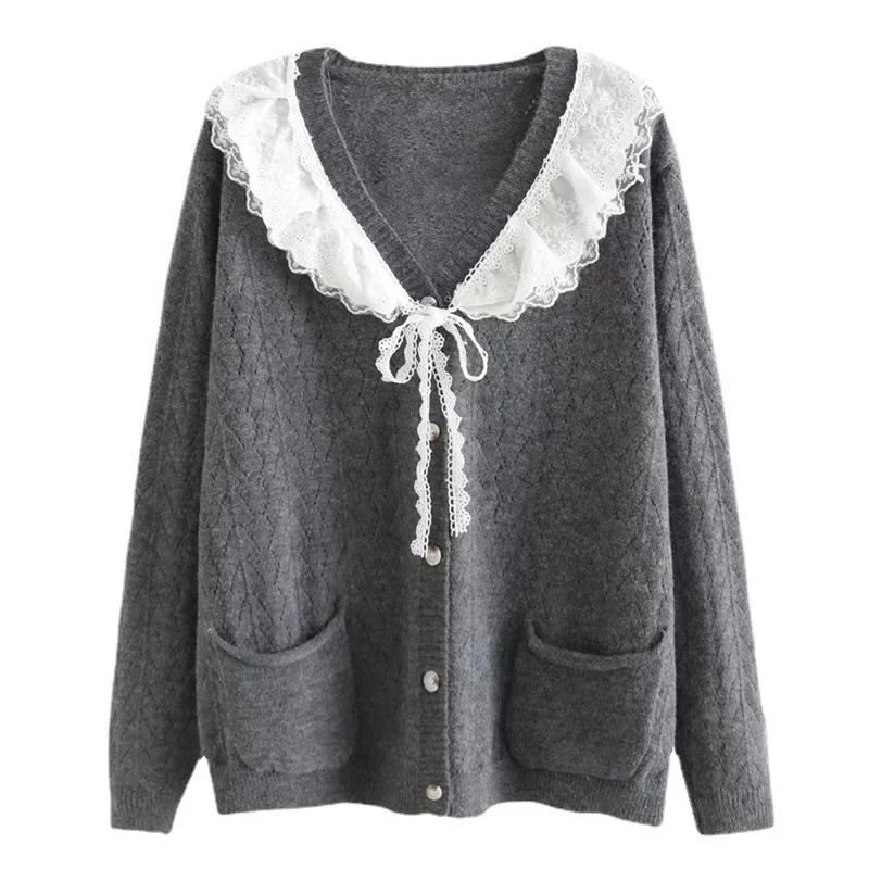 Cardigan feminino de gola Peter Pan com emenda de botão, saltadores de emenda de renda, suéter casual sólido, Outwear grosso quente, suéteres elegantes das mulheres