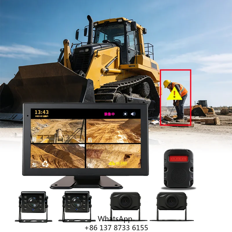 10inch Display AHD Night View AI Smart Construction CCTV 4 Channel Camera Monitor For Construction Sites Truck Bulldozer Safety