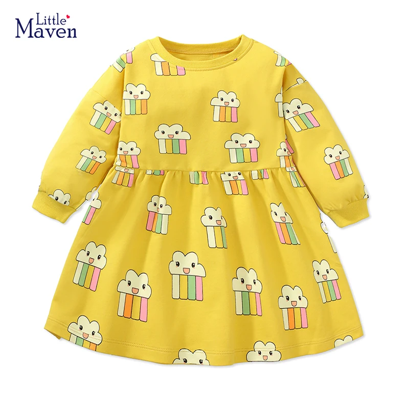 Little maven 2024 Baby Girls Kids Clothes Autumn Cotton  Children\'s Clothing Cartoon Princess Long Sleeves Dress Spring