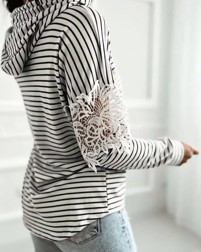 New In Hoodies & Sweatshirts Striped Contrast Floral Lace Patch Hoodie Pullover Long Sleeve Casual Sweatshirt