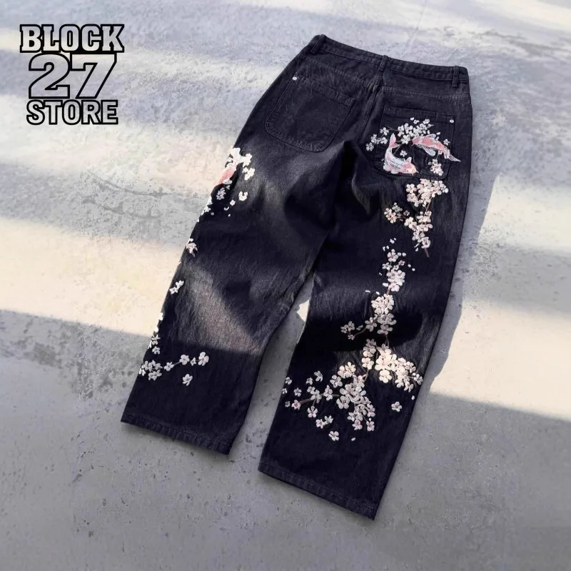 

Мужские джинсы Harajuku, европейско-американская уличная одежда, джинсовые брюки с вышивкой, винтажные свободные брюки с цветочным принтом, прямые широкие брюки, повседневные новые