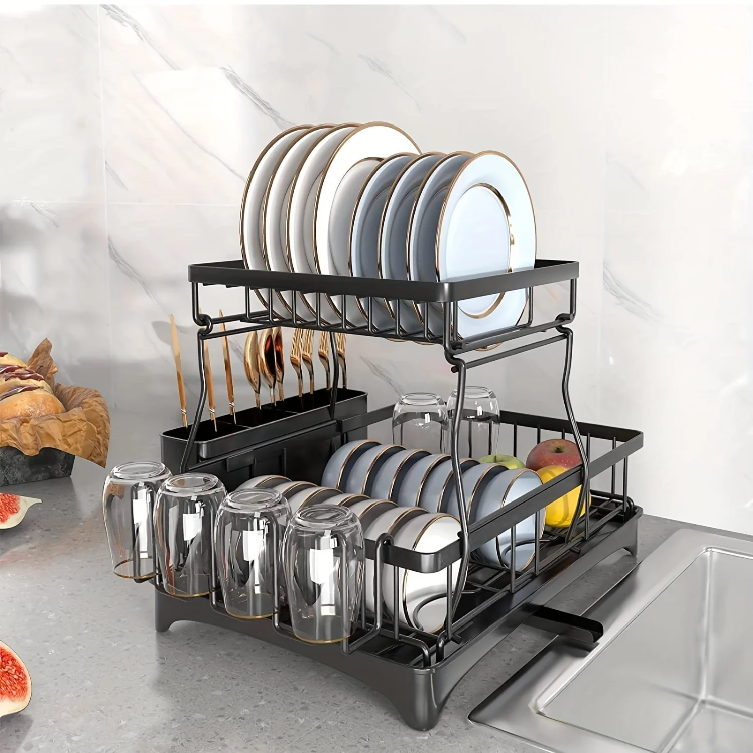 Kitchen  Set With Double-layer Bowl And Dish Rack, Bowl And Dish Drying Rack With ° Drainage System, Bowl And Dish Draining Boa
