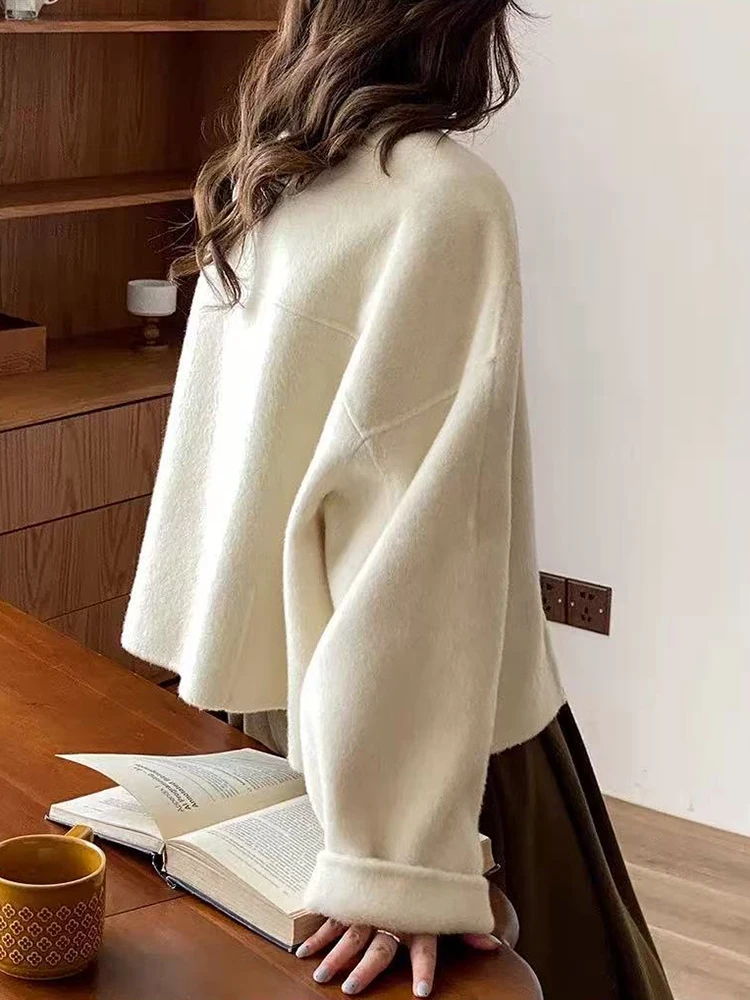 여성용 인조 울 코트 한국 스타일 우아한 루즈 싱글 브레스티드 크롭 재킷 봄 럭셔리 오피스 레이디 올 매치 블렌디드 아우터웨어