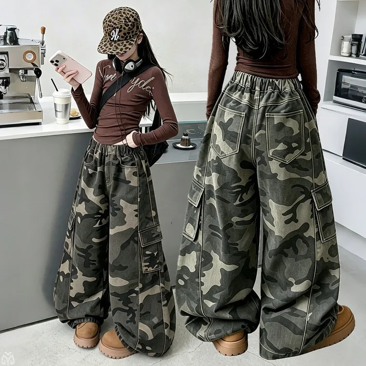 Girls Camouflage Cargo Pants Spring Autumn New Teenage Children Trendy American High Street Retro Loose Straight Leg Trousers