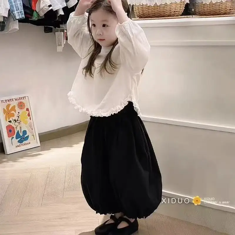 Girls' Set Spring and Autumn New Style Children's Elegant Sweet Lace Bubble Sleeve Shirt+Loose Pants 2-piece Set