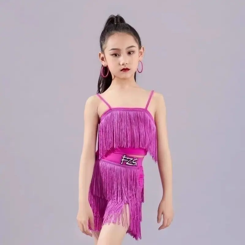 Tenues de danse pour filles, robe de danse latine à franges et paillettes, jupe de Tango pour enfants, vêtements de carnaval, robe de Salsa latine