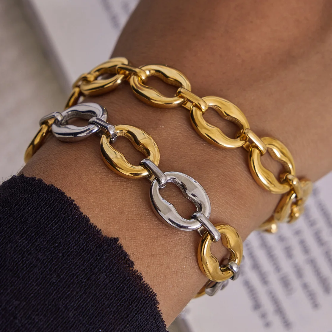 

YHTOT Minimalist 18K Gold Color Plated Stainless Steel Two tone O-Chain Bracelet Stackable Chain Bracelet Women's Jewelry